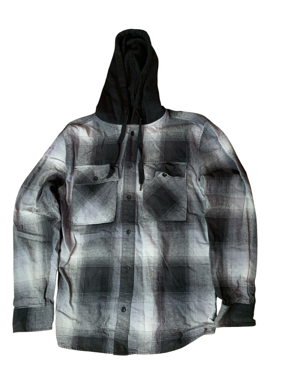 No Boundaries Plaid Hooded Flannel Shirt Gray Black Mens Small